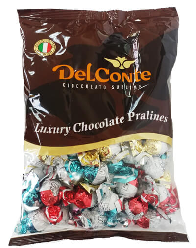 פרלינים שוקולד איטלקי פרווה בד”ץ מיקס צבעים רקע לבן דל קונטה