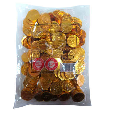 ממתק בטעם שוקולד בצורת מטבעות 5 ש”ח זהב 1 ק”ג בד”ץ פרווה